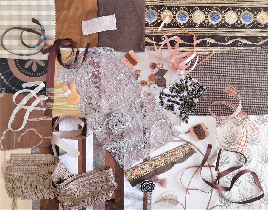Slow stitching kit - brown theme, textile art kit, fabric remnants bundle