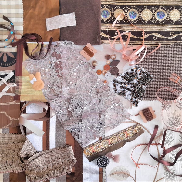 Slow stitching kit - brown theme, textile art kit, fabric remnants bundle