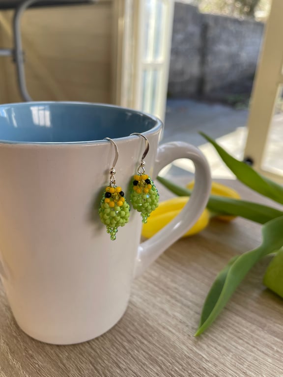 Green budgie earrings with sterling silver ear hooks 