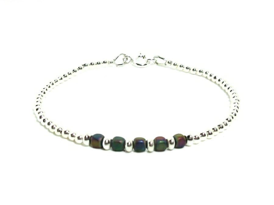 Dainty Rainbow Hematite Cubes Stacker Bracelet With Sterling Silver Beads