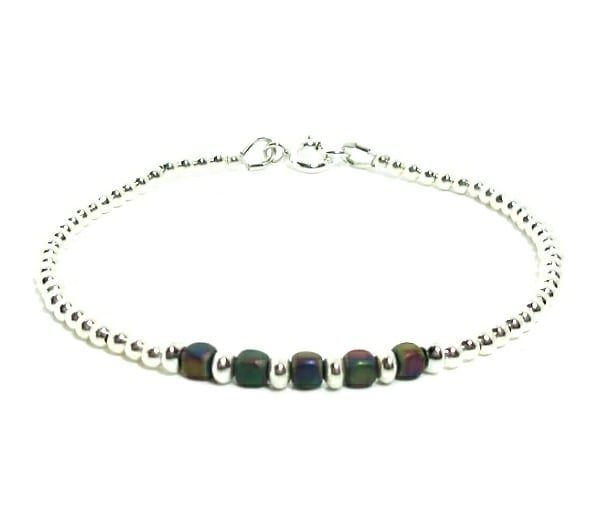 Dainty Rainbow Hematite Cubes Stacker Bracelet With Sterling Silver Beads