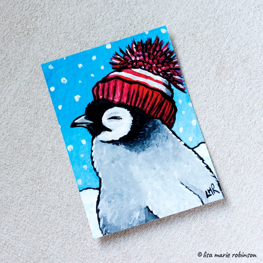 Penguin in a Bobble Hat Original ACEO Painting