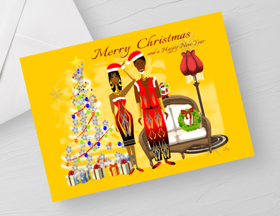 AFROCENTRIC COUPLE CHRISTMAS. Greeting Card & Envelope. Blank Inside.