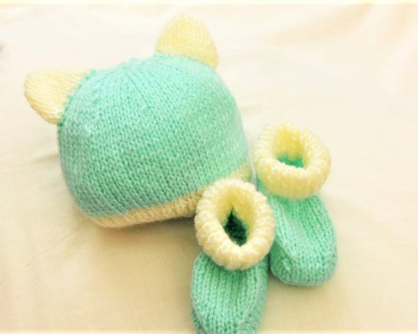 Baby's Hat Set with Ears, Babys Hat and Booties, Baby Shower Gift, New Baby Gift