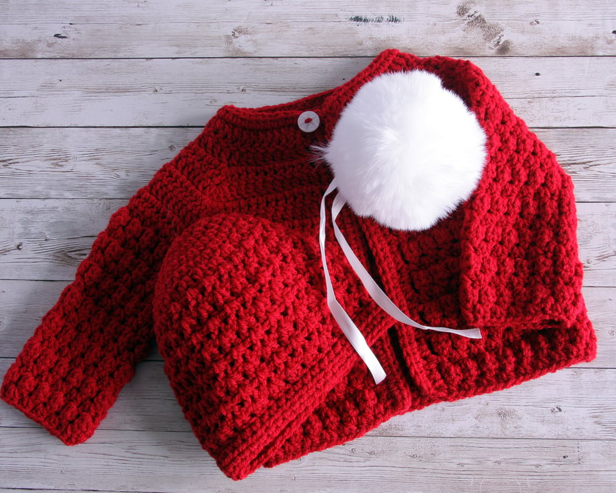 Christmas Ready Red Baby Crochet Cardigan and Hat with Faux Fur Pom Pom - Handma