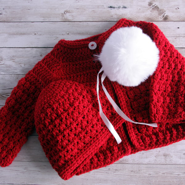 Christmas Ready Red Baby Crochet Cardigan and Hat with Faux Fur Pom Pom - Handma