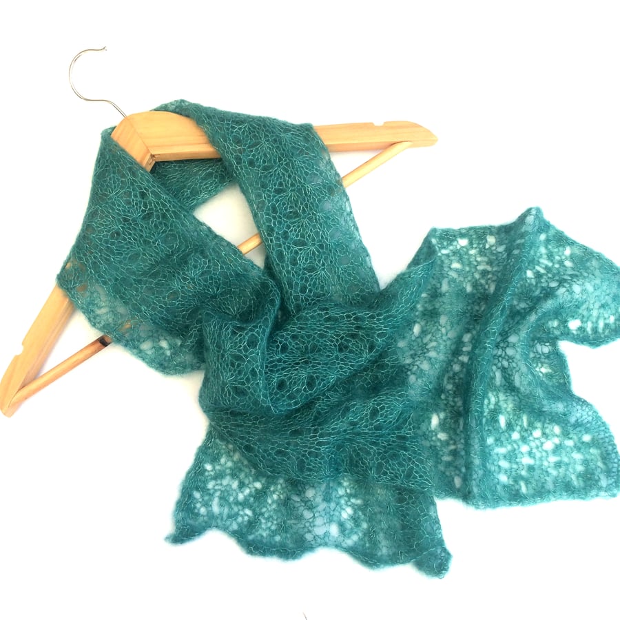 Green lace scarf hand knit in kid mohair