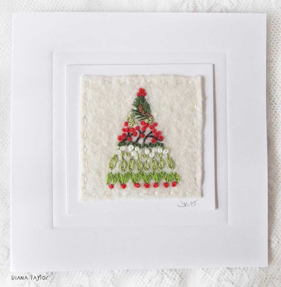 HAND EMBROIDERED CHRISTMAS TREE CARD WINTER FOLIAGE