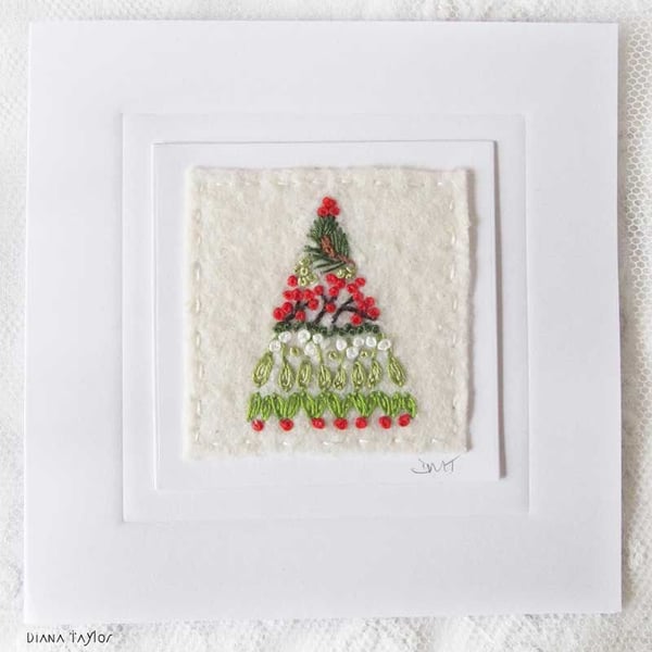 HAND EMBROIDERED CHRISTMAS TREE CARD WINTER FOLIAGE