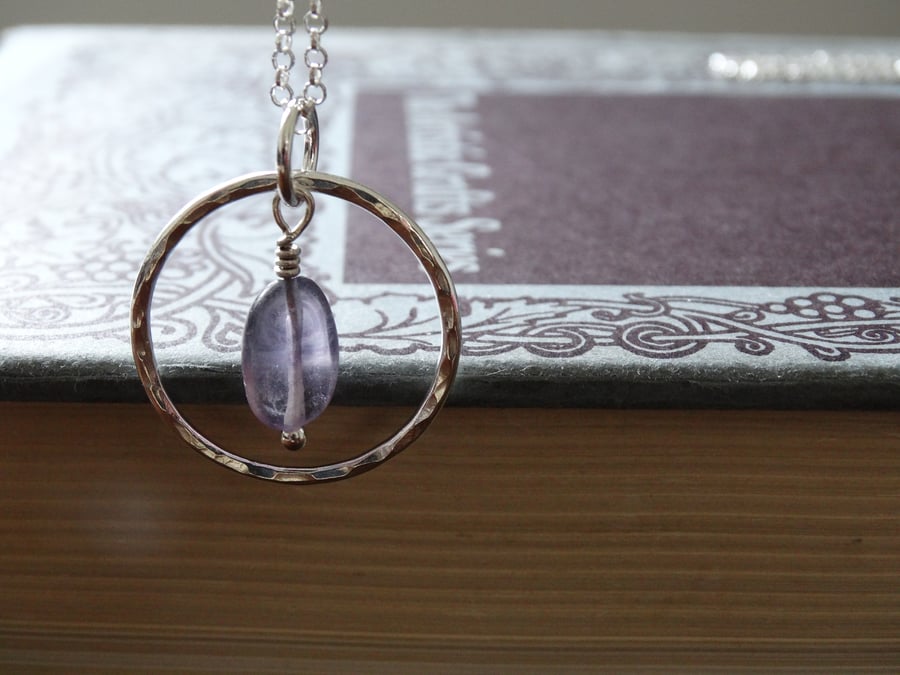 Sterling silver and semi-precious gemstone hoop pendant (fluorite)