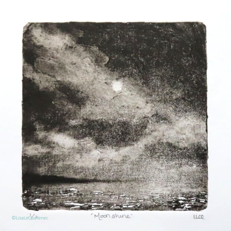 Moonshine OOAK monoprint black and white coastal beach scene