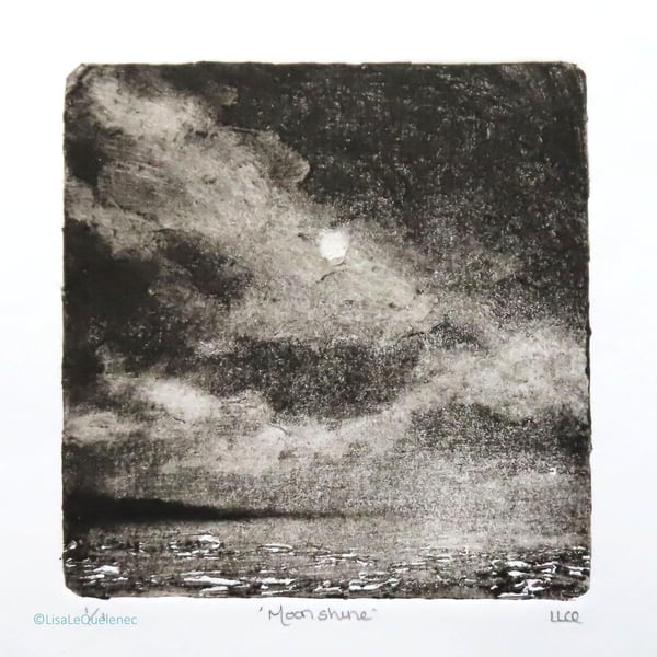 Moonshine OOAK monoprint black and white coastal beach scene