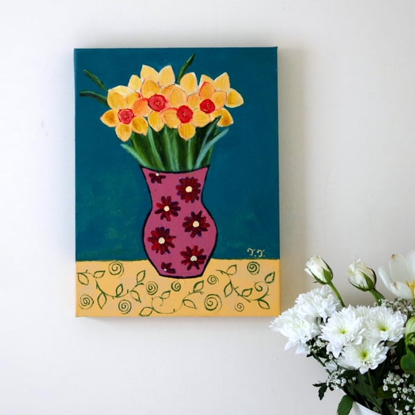 Daffodils Original Painting, Teal and Yellow Floral Artwork