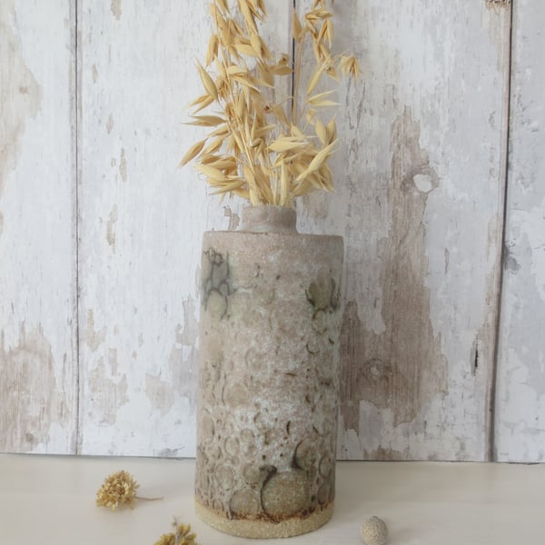 Hand-built stoneware pottery bottle vase in ash grey and light green 