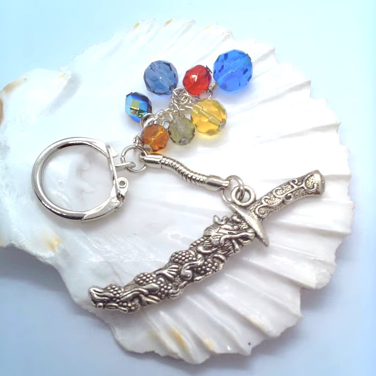 Silver Dagger Charm and Multi Coloured Crystal Bead Key Ring, End of Term Gift