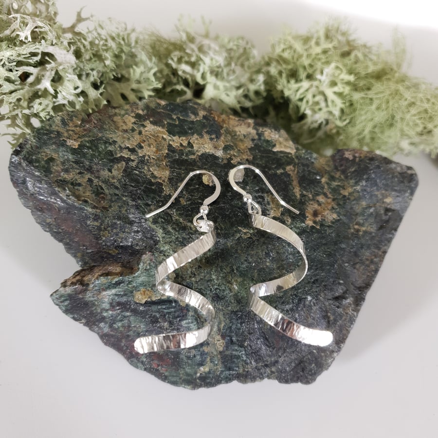 Spiral  Sterling Silver Earrings Bark Texture Shiny Drop Earrings - Free UK PP