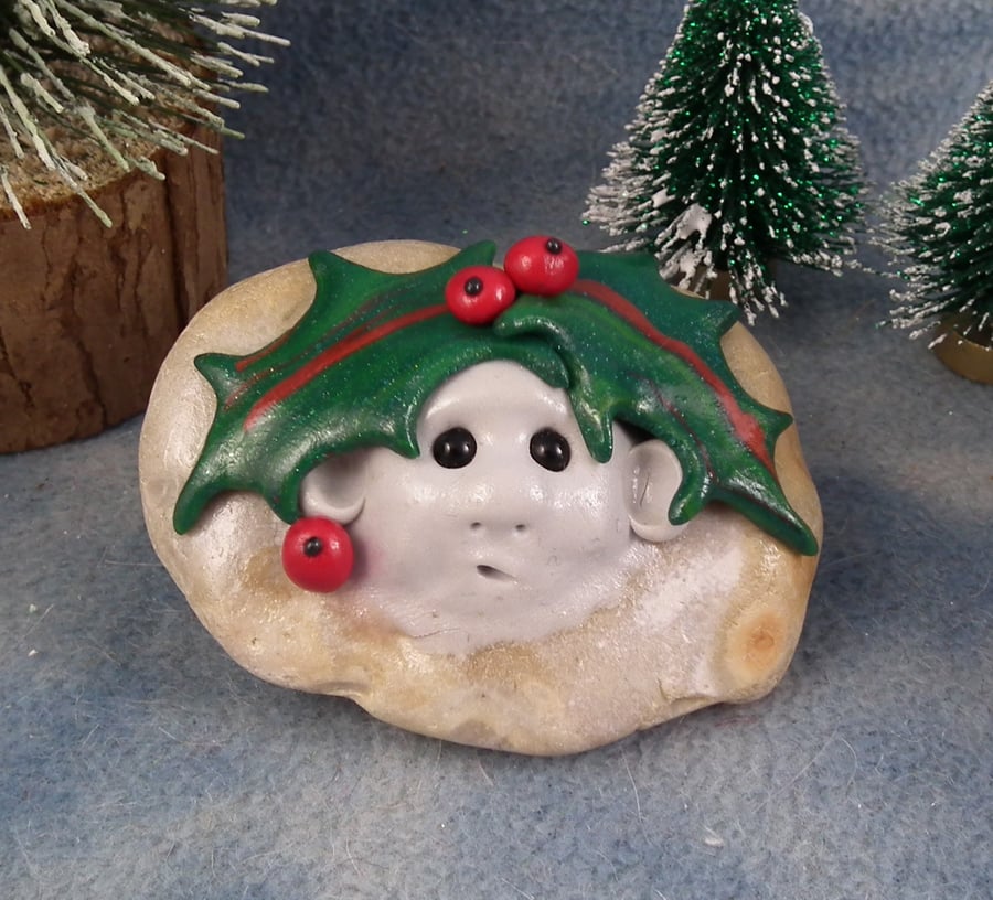Christmas Rock Gnome 'Alfred' with holly hat OOAK Sculpt by Ann Galvin
