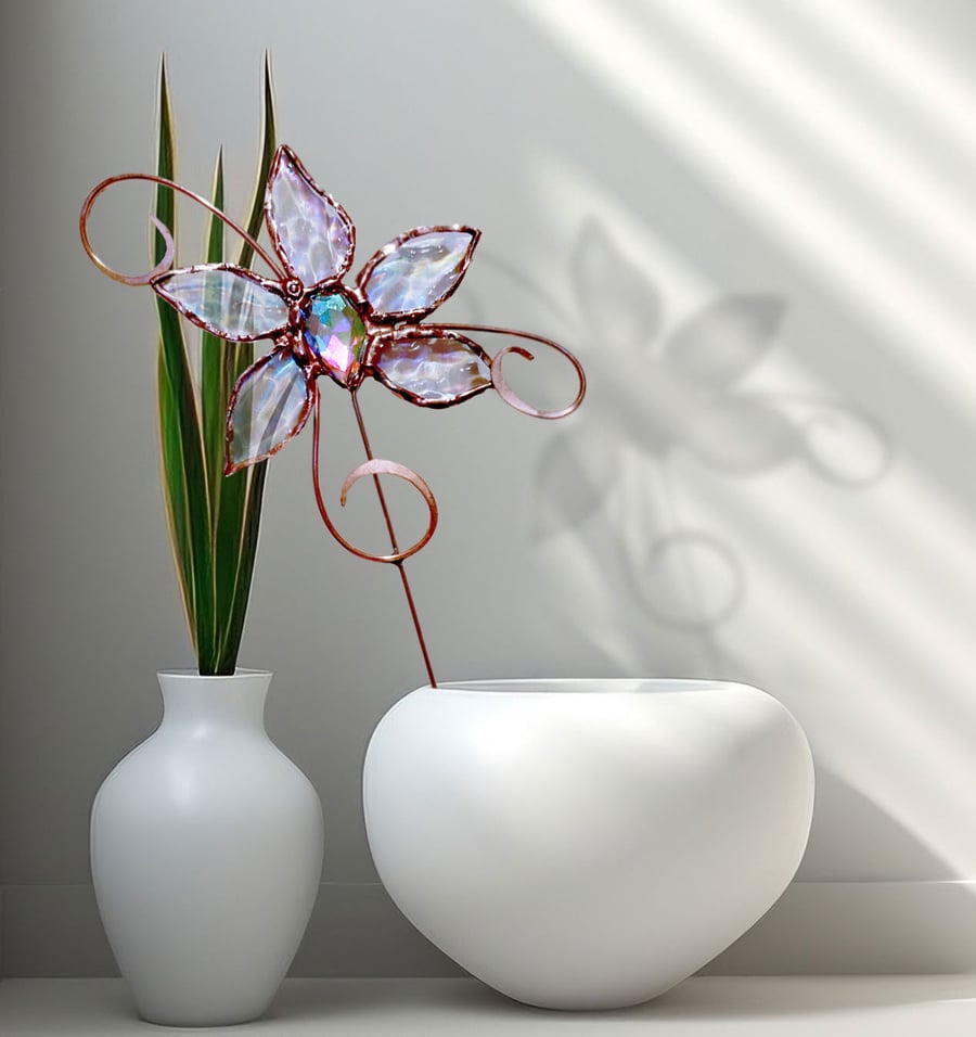 Stained Glass and Diamante Plant Pot Ornament Garden Decor 