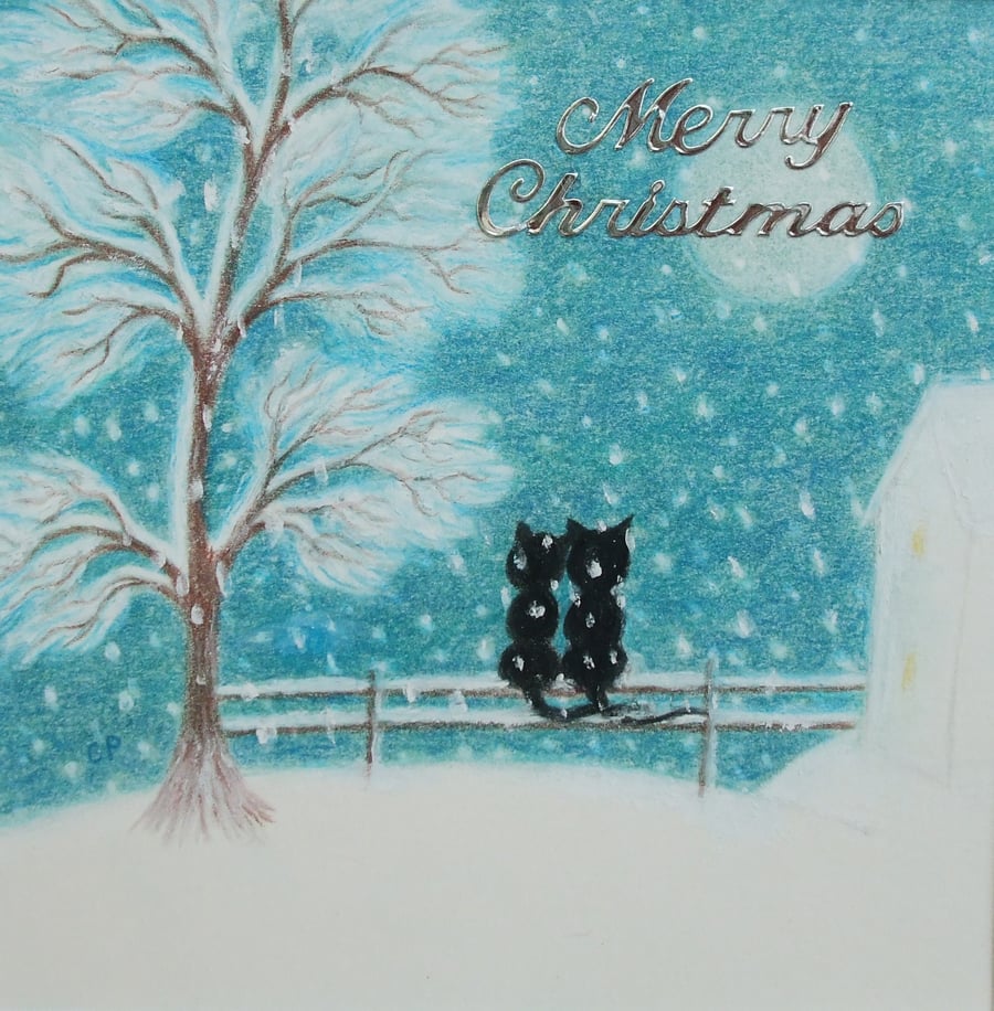 Cat Christmas Card: Romantic Christmas Card, Black Cat Christmas Card, Snow Cat