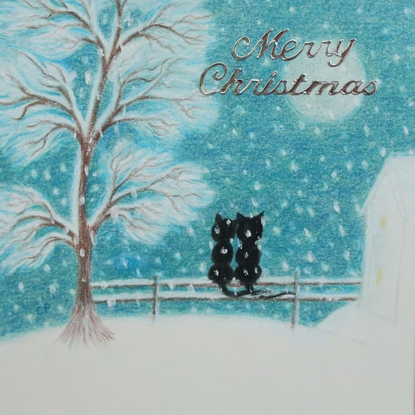 Cat Christmas Card: Romantic Christmas Card, Black Cat Christmas Card, Snow Cat
