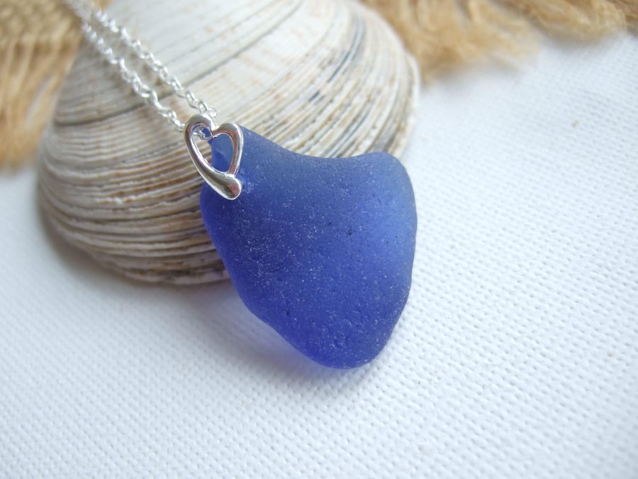Blue sea glass pendant, sterling silver heart bail, sea glass necklace, blue sea