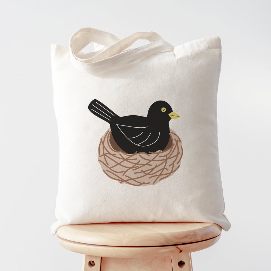 Blackbird Tote Bag, Garden Bird Tote Bag, Bird in Nest, Ecofriendly Bag