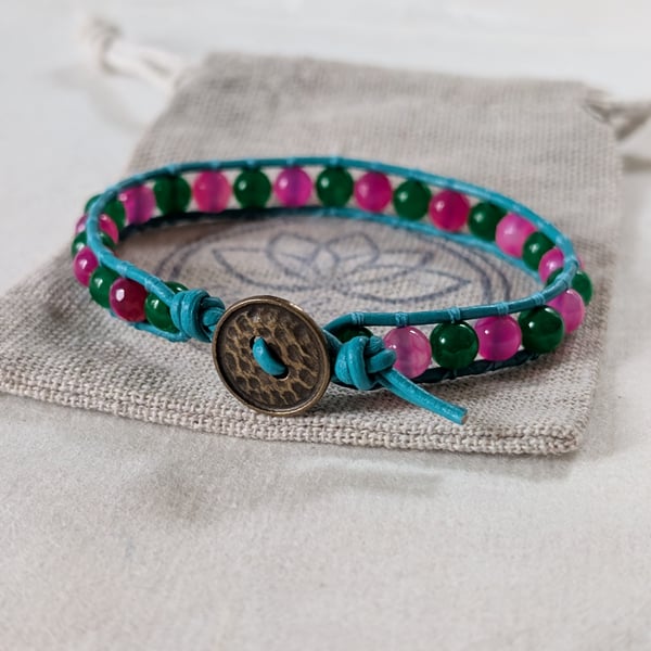 Turquoise leather and pink and green agate bracelet with leopard print button