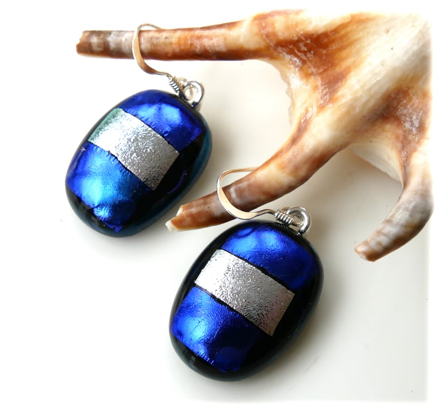 Handmade Fused Dichroic Glass Earrings 300 Blue Silver