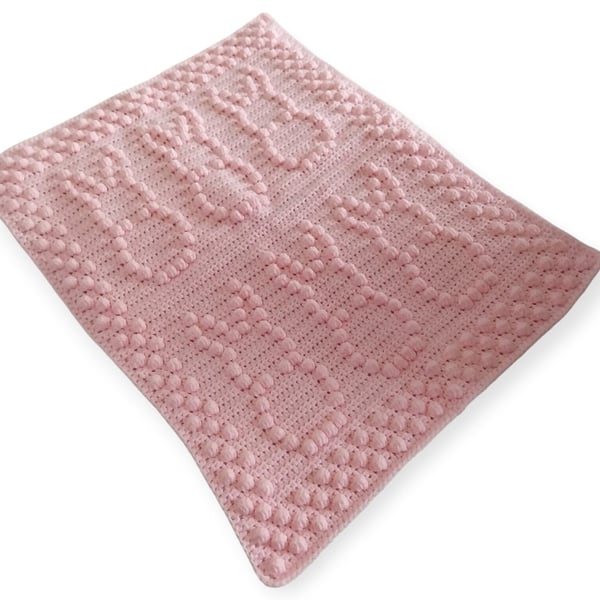 Crocheted Bunny Baby Blanket, Pale Pink Nursery Decor, Newborn Gift, Baby Girl 