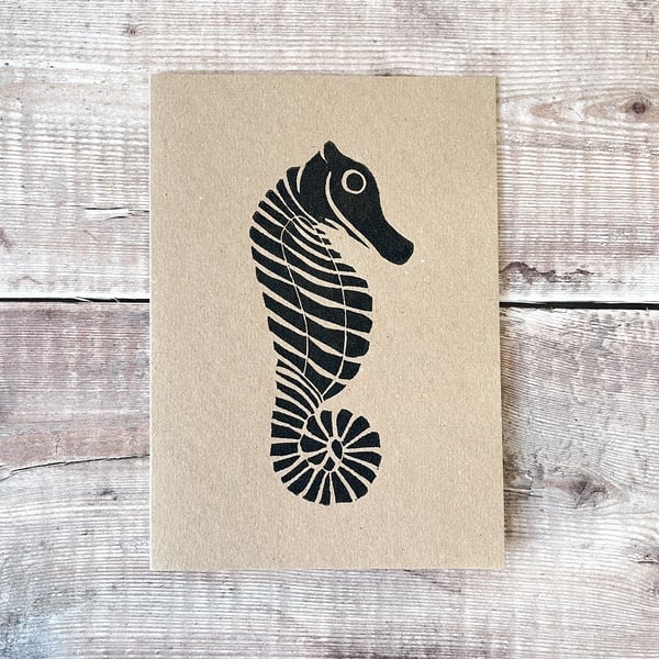 Seahorse Lino Print on an Eco Friendly Greetings Card