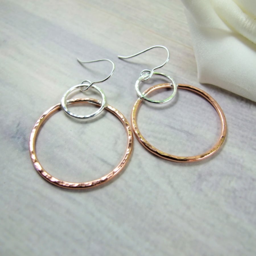 Earrings, Sterling Silver and Copper Orbit Hoops
