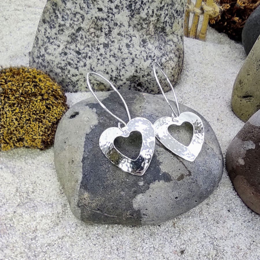Hammered Silver Dangling Hearts Earrings