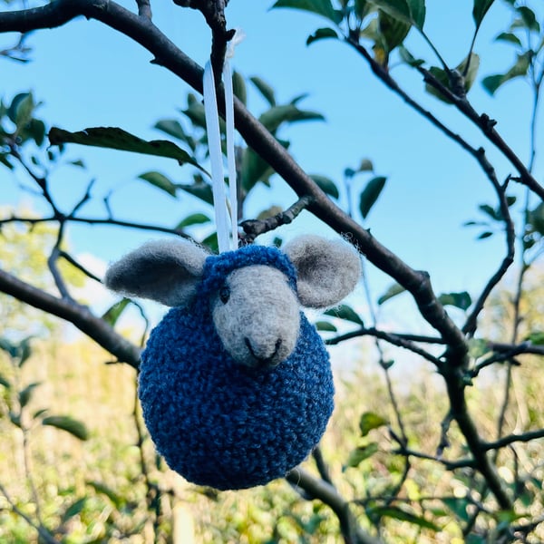 Needle felted Winter Blue Sheep Bauble - Hanger - Christmas Decoration 