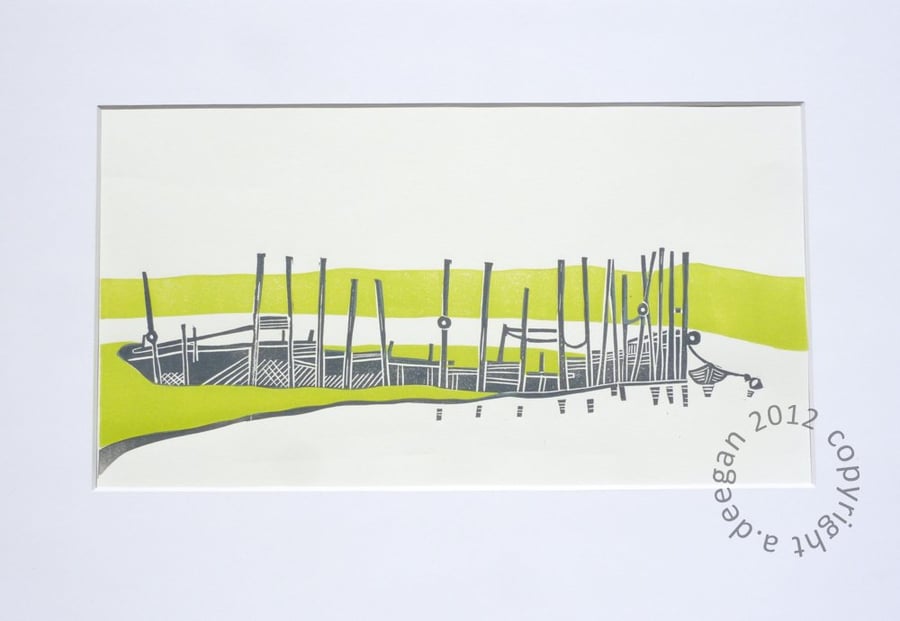 mounted ORIGINAL lino print (Morston Quay) (reserved)