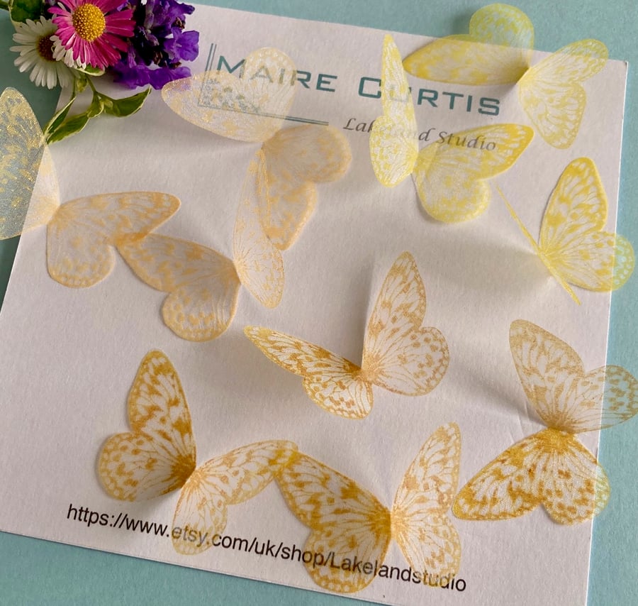 Hand printed silk butterflies in shades of yellow
