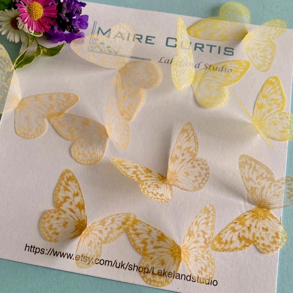 Hand printed silk butterflies in shades of yellow