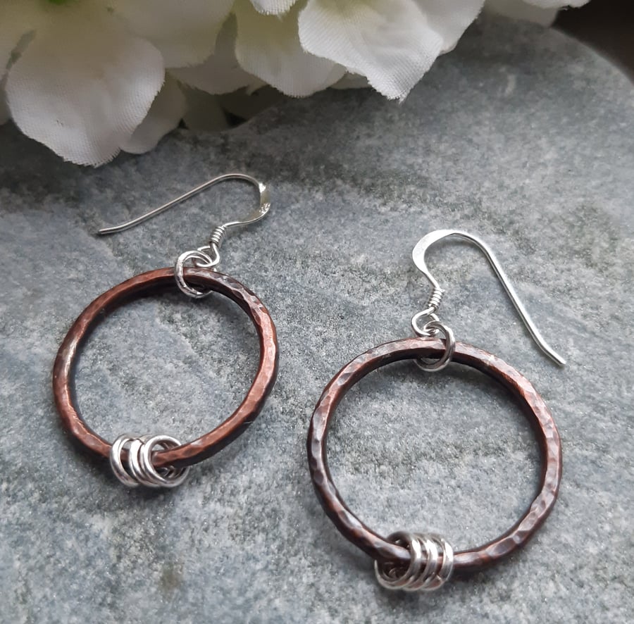Oxidised Copper Hoops With Sterling Silver Earrings Dangle Earrings