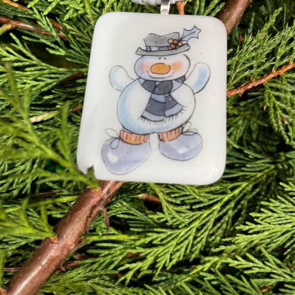 Bespoke Handcrafted Christmas Card with Artisan Fused Glass happy snowman Tree 