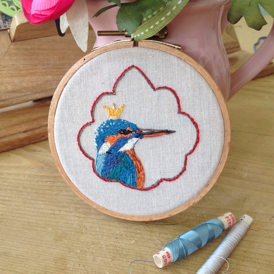 Original art, Hand Embroidered Kingfisher Bird Hanging 