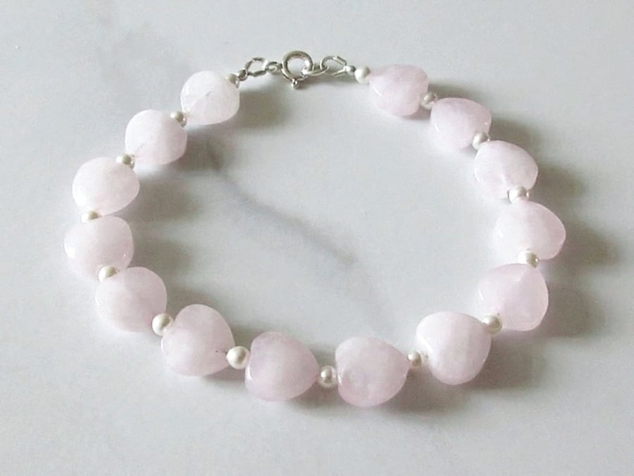 Baby Pink Rose Quartz Love Hearts Bracelet With Premium White Pearls