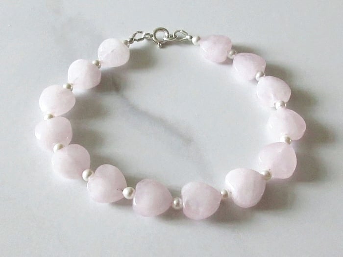 Baby Pink Rose Quartz Love Hearts Bracelet With Premium White Pearls