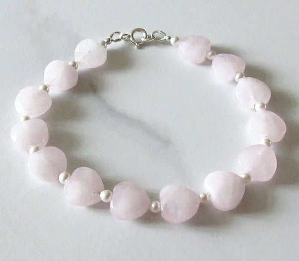 Pink Rose Quartz Hearts Bracelet With Premium White Pearls