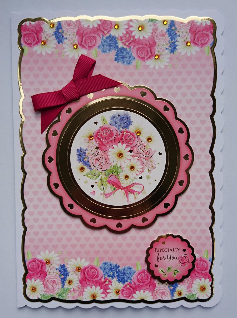 Birthday Card Especially for You Vase of Flowers and Love Hearts 3D Luxury Card