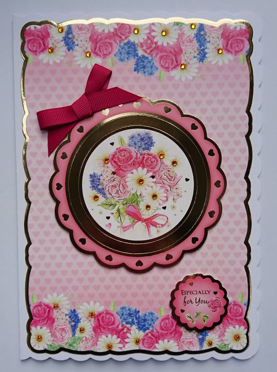 Birthday Card Especially for You Vase of Flowers and Love Hearts 3D Luxury Card