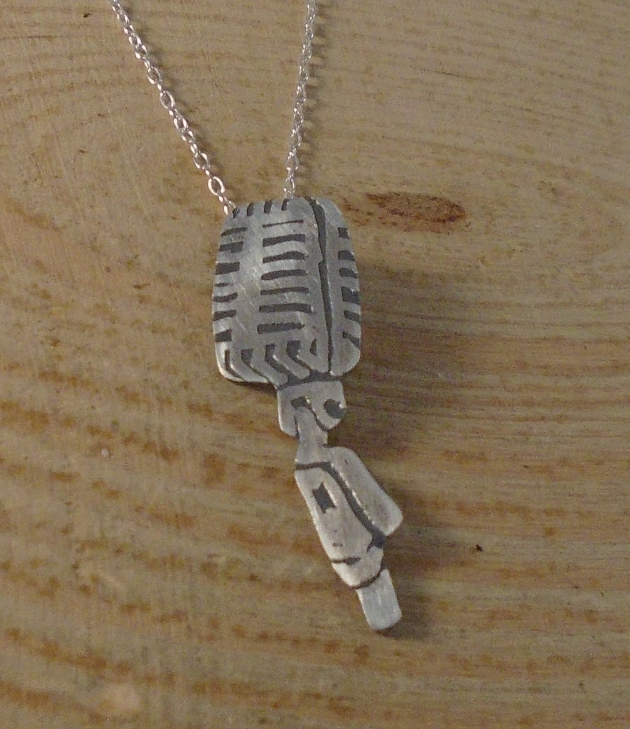 Sterling Silver Etched Microphone Necklace