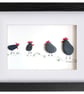 Black Hens Chickens - Pebble Art & Sea Glass Picture - Framed Handmade Wall Deco