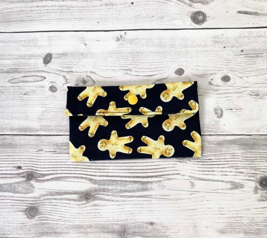 Navy Blue Gingerbread Men Cotton Fabric Money Wallet: Bank Note Gift Pouch.