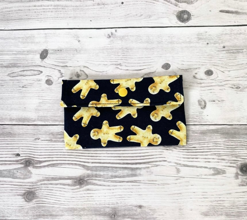 Navy Blue Gingerbread Men Cotton Fabric Money Wallet: Bank Note Gift Pouch.
