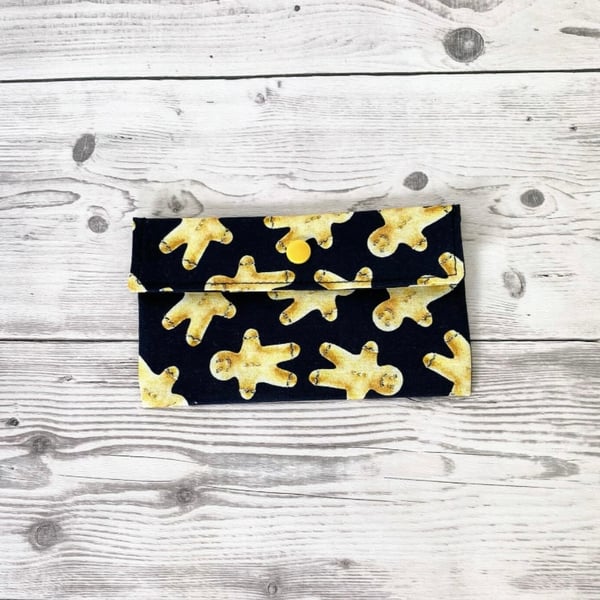 Navy Blue Gingerbread Men Cotton Fabric Money Wallet: Bank Note Gift Pouch.