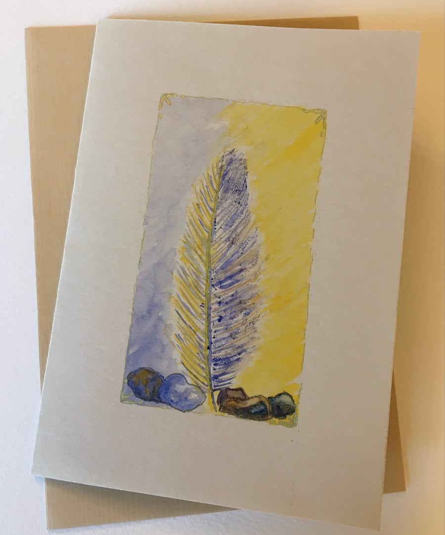 Hand painted greetings card feather and pebbles